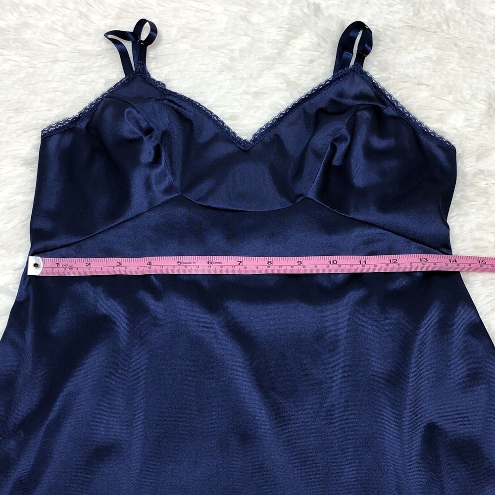 Vintage Vanity Fair Size 34 L Navy Blue Lace Trimmed Silky Satin Full Slip Dress - Picture 6 of 9